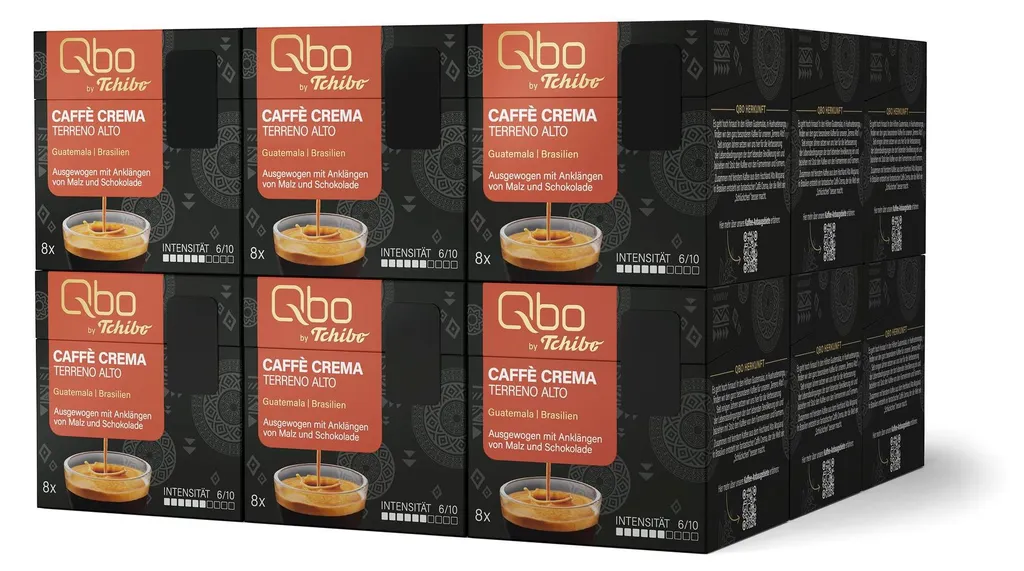 Tchibo Qbo Caffè Crema Terreno Alto Premium Coffee Capsules, 144 pieces – 18 x 8 capsules (coffee, intensity 6/10, balanced and malty), sustainable & made from 70% renewable raw materials¹ 1.08 kg