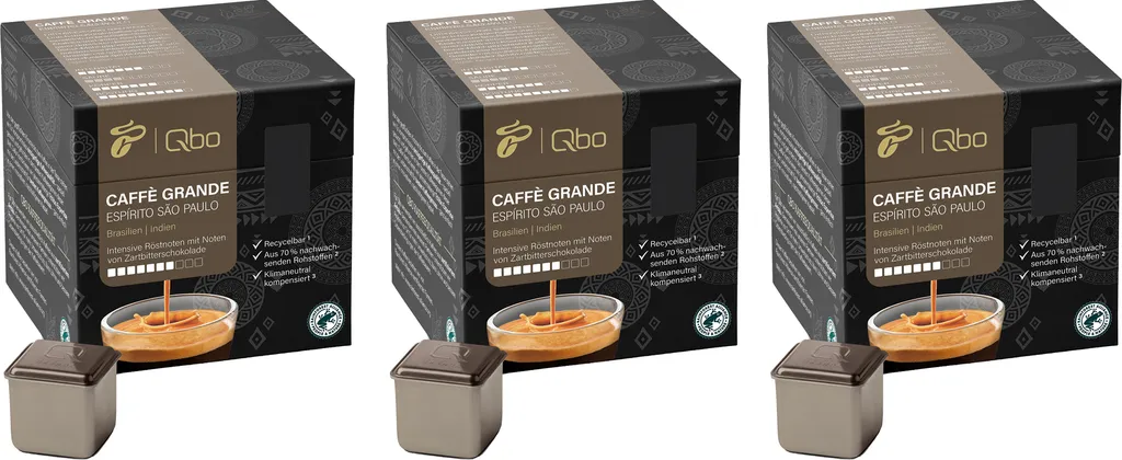 Tchibo Qbo Caffè Grande Espírito São Paulo Premium Coffee Capsules, 81 pieces - 3x27 capsules (Caffè Grande, intensity 7/10, highly aromatic), sustainable, made from 70% renewable raw materials & climate-neutral offsetting 607g