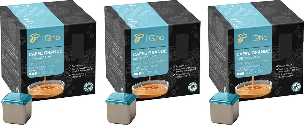 Tchibo Qbo Caffè Grande Kirinyaga Baya Premium Coffee Capsules, 81 pieces – 3x27 capsules (Caffè Grande, intensity 3/10, fruity), sustainable, made from 70% renewable raw materials 607g