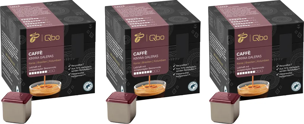 Tchibo Qbo Caffè Kinyaa Galeras Premium Coffee Capsules, 81 pieces – 3x27 capsules (Caffè, intensity 7/10, lively and berry-like), sustainable, made from 70% renewable raw materials & climate-neutral offsetting 607g
