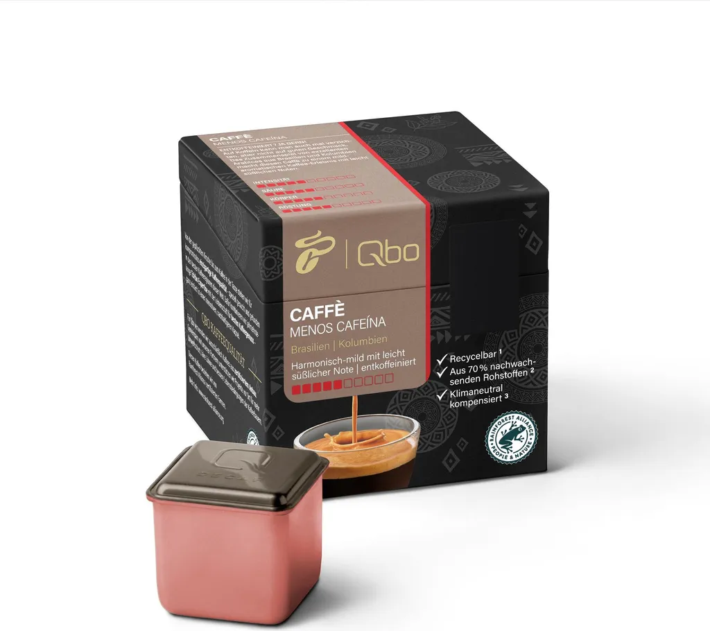 Tchibo Qbo Caffè Menos Cafeína Premium Coffee Capsules, 8 pieces (Caffè, intensity 5/10, mild and sweet, decaffeinated), sustainable, made from 70% renewable raw materials & climate-neutral offsetting 60g