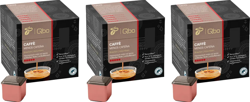 Tchibo Qbo Caffè Menos Cafeína Premium Coffee Capsules, 81 pieces – 3x27 capsules (Caffè, intensity 5/10, mild and sweet, decaffeinated), sustainable, made from 70% renewable raw materials & climate-neutral offsetting