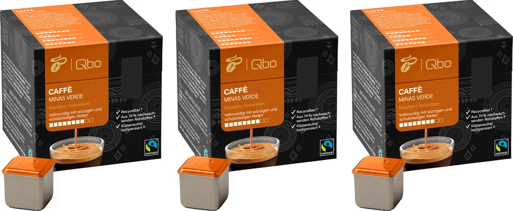 Tchibo Qbo Caffè Minas Verde Premium Coffee Capsules, 81 pieces – 3x27 capsules (coffee, intensity 8/10, full-bodied and spicy), sustainable, made from 70% renewable raw materials & climate-neutral offsetting