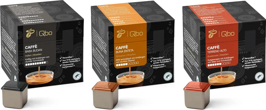 Tchibo Qbo Caffè Premium Coffee Capsules, 81 pieces, 3x27 cube-shaped capsules, various varieties, expressive roasted notes, aroma-sealed, climate-neutral offsetting, coffee enjoyment at a great price 607g