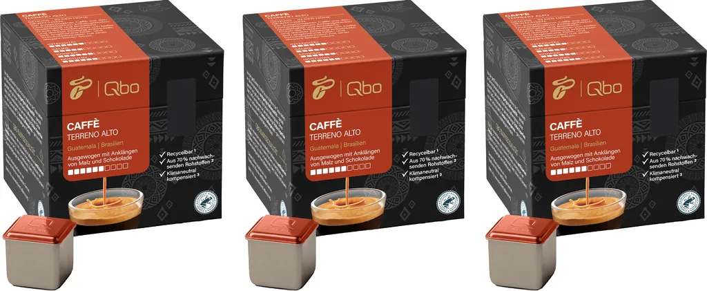 Tchibo Qbo Caffè Terreno Alto Premium Coffee Capsules, 81 pieces – 3x27 capsules (coffee, intensity 6/10, balanced and malty), sustainable, made from 70% renewable raw materials & climate-neutral offsetting 607g