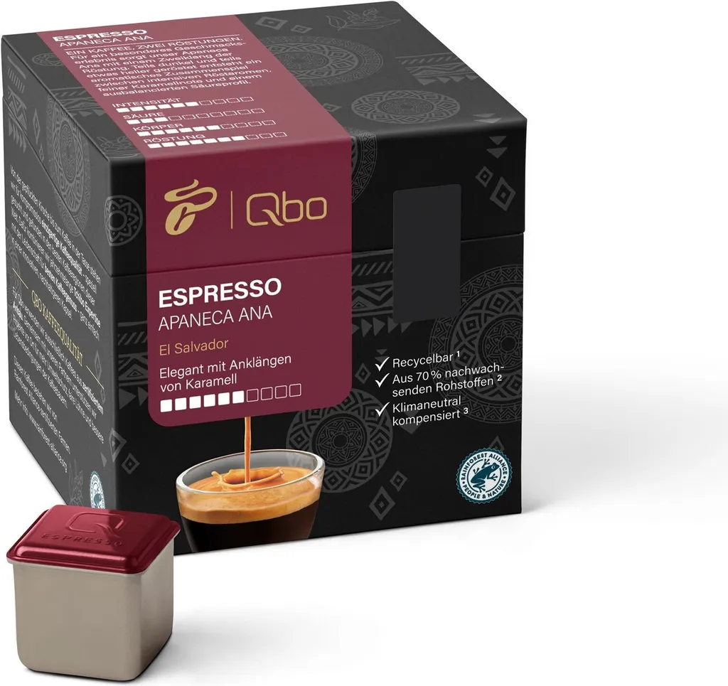 Tchibo Qbo Espresso Apaneca Ana Premium Coffee Capsules, 27 pieces (Espresso, intensity 5/10, elegant with caramel notes), sustainable, made from 70% renewable raw materials & climate-neutral offsetting 202g