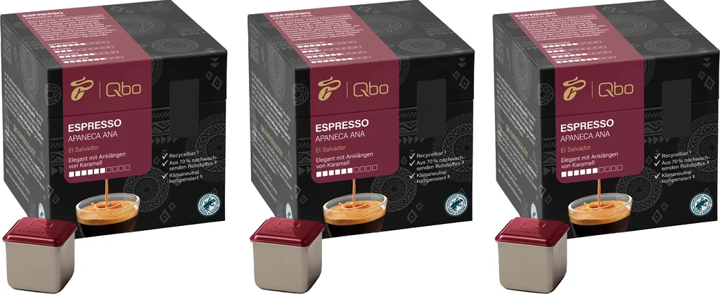 Tchibo Qbo Espresso Apaneca Ana Premium Coffee Capsules, 81 pieces – 3x27 capsules (Espresso, intensity 5/10, elegant with caramel notes), sustainable, made from 70% renewable raw materials 607g