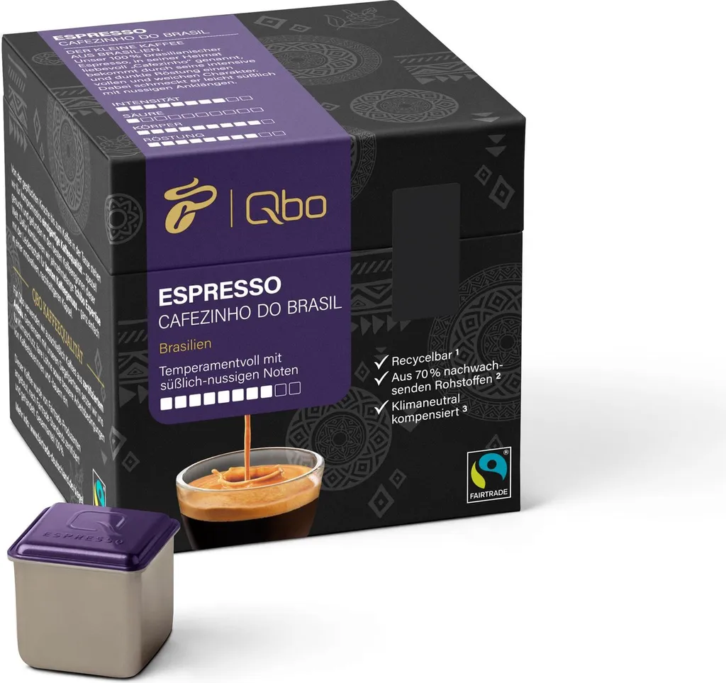 Tchibo Qbo Espresso Cafezinho do Brasil Premium Coffee Capsules, 27 pieces (Espresso, intensity 8/10, lively & nutty), sustainable, made from 70% renewable raw materials & climate neutral offset 202g