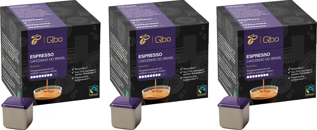 Tchibo Qbo Espresso Cafezinho do Brasil Premium Coffee Capsules, 81 pieces – 3x27 capsules (Espresso, intensity 8/10, lively & nutty), sustainable, made from 70% renewable raw materials 607g