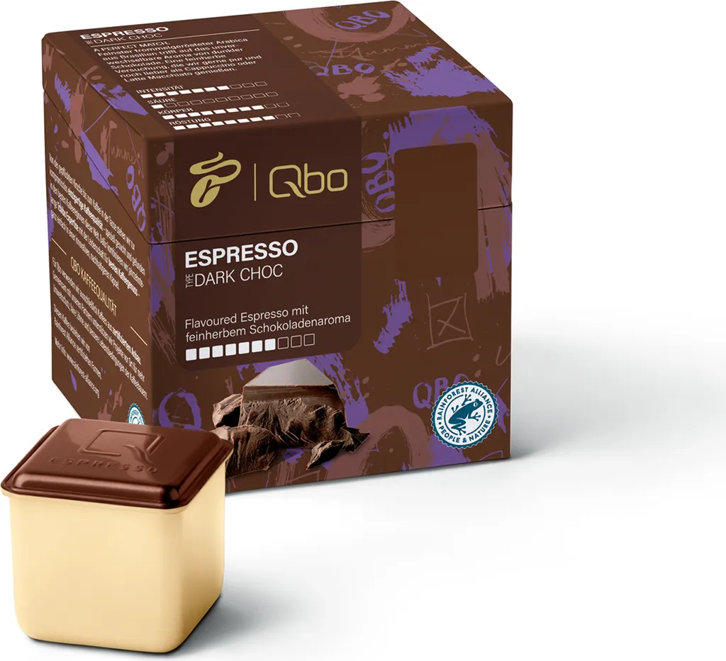Tchibo Qbo Espresso Flavoured Dark Chocolate Premium Coffee Capsules, 8 pieces (Espresso, intensity 7/10, aromatic and chocolatey), sustainable, made from 70% renewable raw materials & climate neutral offset 60g