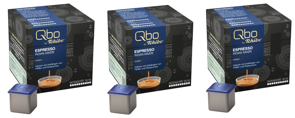 Tchibo Qbo Espresso Indian Kaveri Premium Coffee Capsules, 81 pieces - 3x27 capsules (Espresso, intensity 10/10, intense and peppery), sustainable & made from 70% renewable raw materials¹ 607g