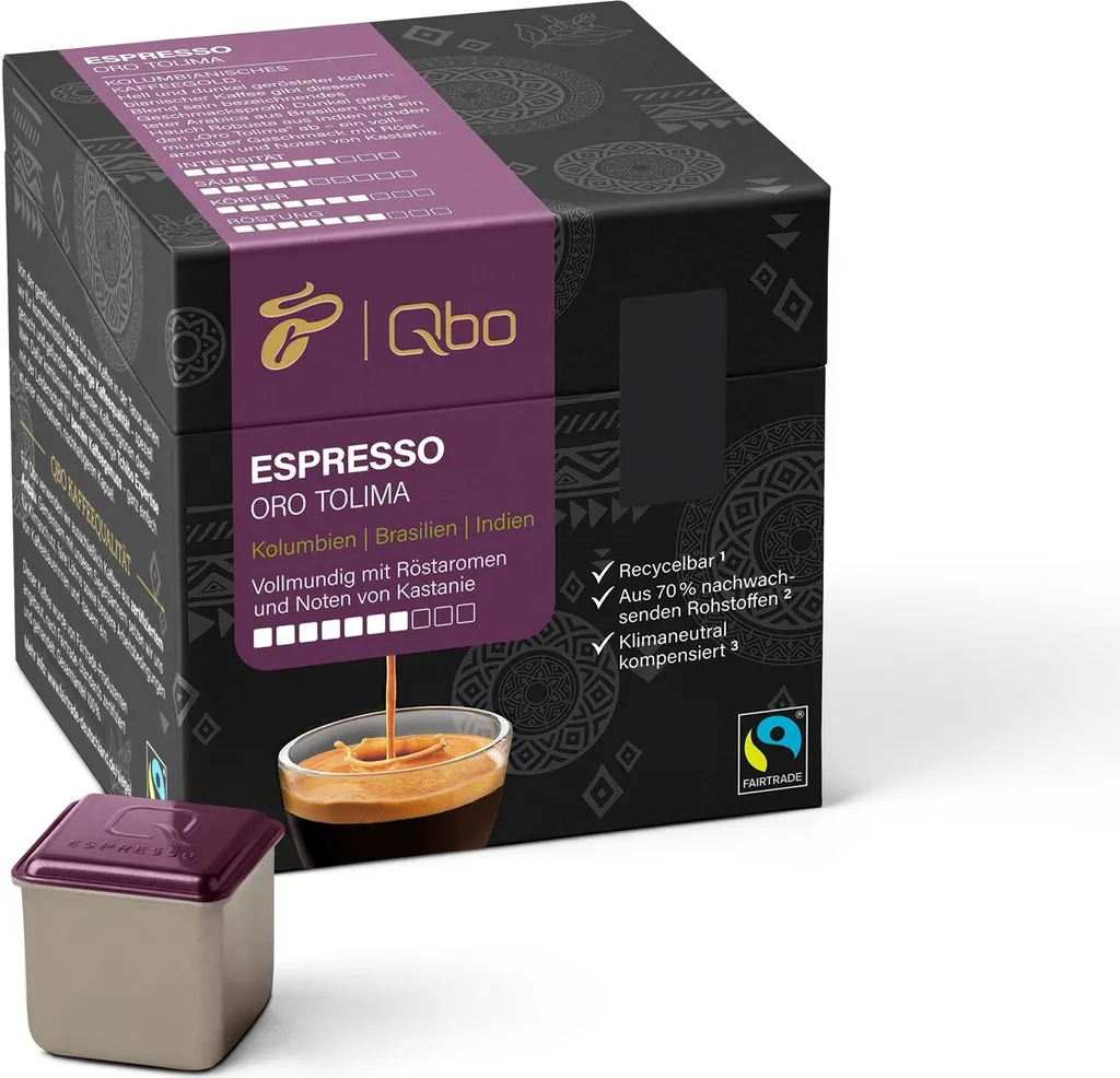 Tchibo Qbo Espresso Oro Tolima Premium Coffee Capsules, 27 pieces (Espresso, intensity 7/10, full-bodied with roasted aromas), sustainable, made from 70% renewable raw materials & climate-neutral offsetting 202g