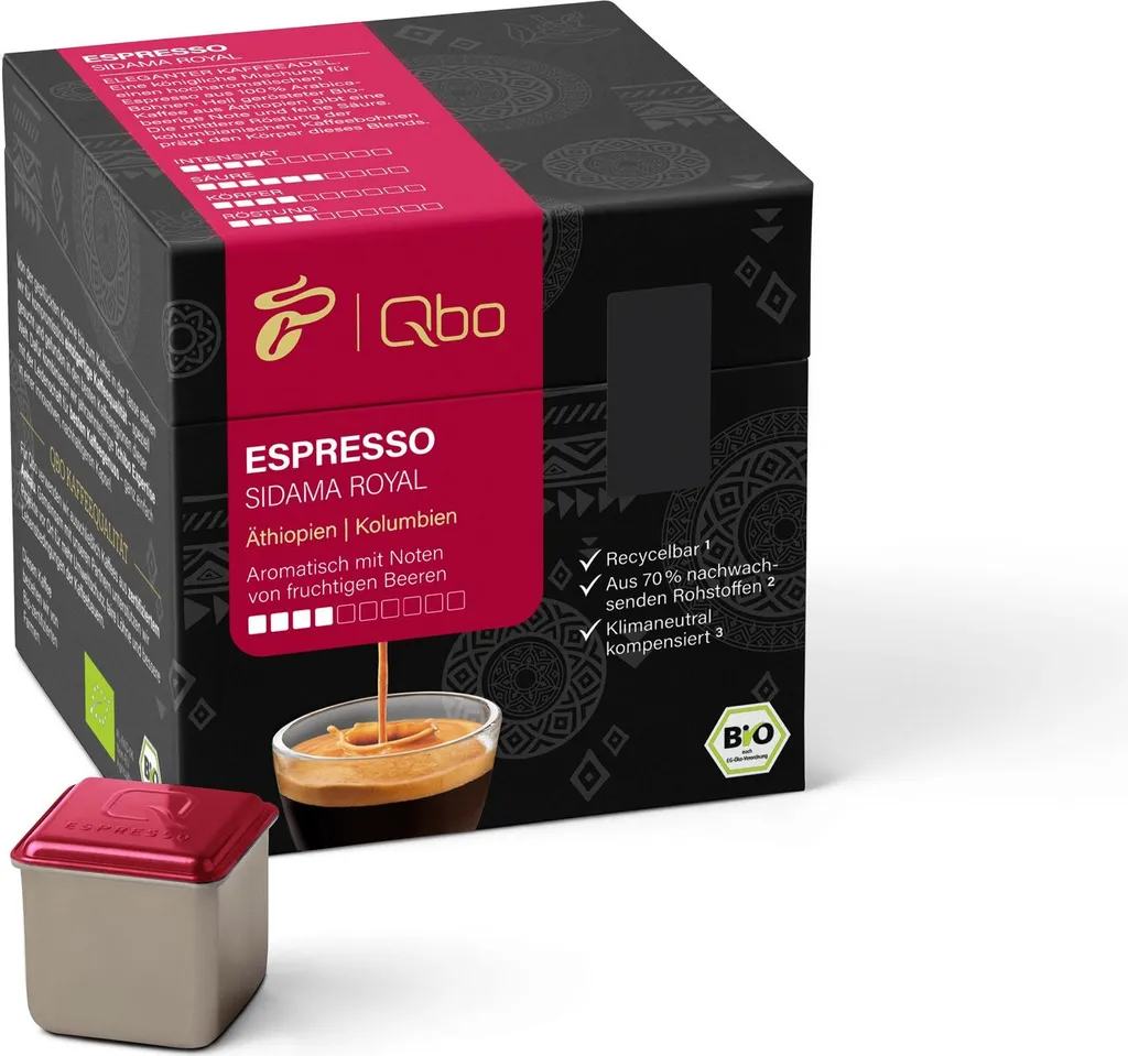 Tchibo Qbo Espresso Sidama Royal Premium Coffee Capsules, 27 pieces (Espresso, intensity 4/10, aromatic and fruity), sustainable, certified, made from 70% renewable raw materials and climate-neutrally offset