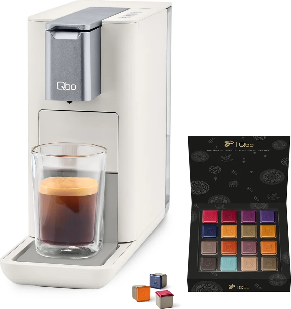 Tchibo Qbo ESSENTIAL Premium capsule machine including 16 recyclable Qbo capsules for Espresso, Caffè and Caffè Grande, compact, innovative design, Bright Sand