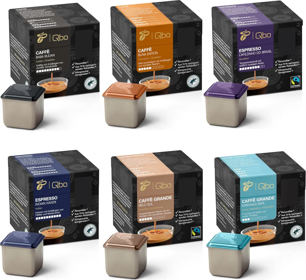 Tchibo Qbo Coffee & Espresso Around the World Sample Set: Premium coffee capsules, 48 ​​pieces, 6 varieties with 8 cube-shaped capsules, aroma-sealed, climate-neutral offsetting, coffee enjoyment at a great price 360g
