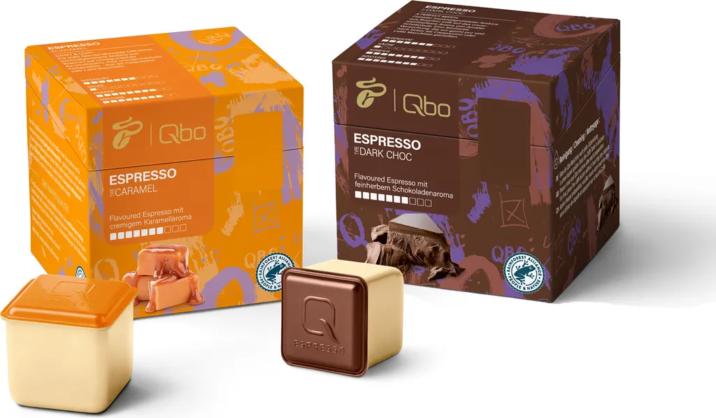 Tchibo Qbo Sample Set Espresso Caramel and Dark Chocolate Premium Coffee Capsules, 2 x 8 capsules per variety (Espresso, intensity 7/10, aromatic and chocolatey), sustainable, made from 70% renewable raw materials & climate-neutral offsetting 240g