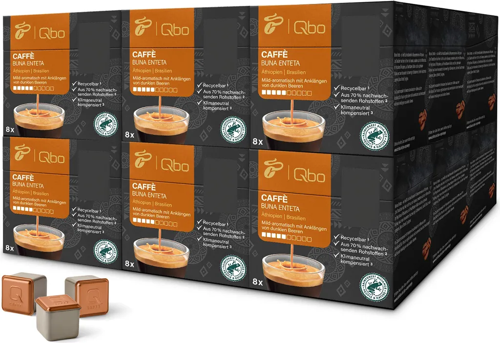Tchibo Qbo Storage Box Caffè Buna Enteta Premium Coffee Capsules, 144 pieces – 18 x 8 capsules (coffee, mild, dark berry and citrus), sustainable & made from 70% renewable raw materials