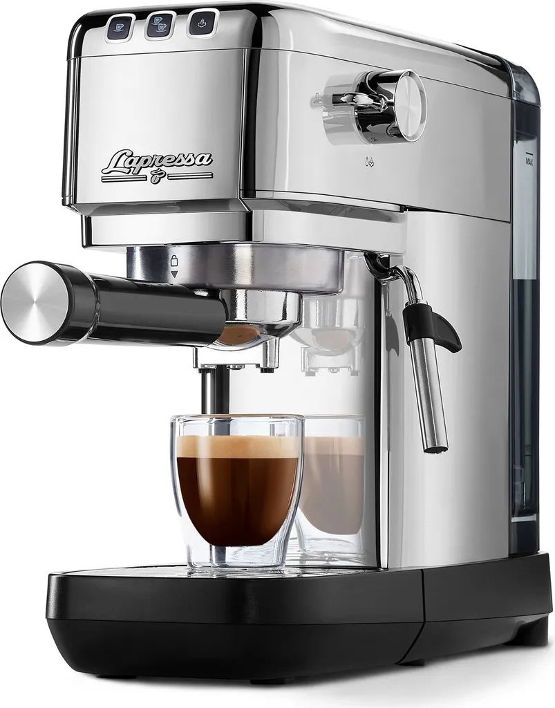 Tchibo portafilter espresso machine "Lapressa" (15 bar, 980ml water tank), pre-infusion technology, with 2-cup function and milk frother, including two double-walled filter baskets (silver)