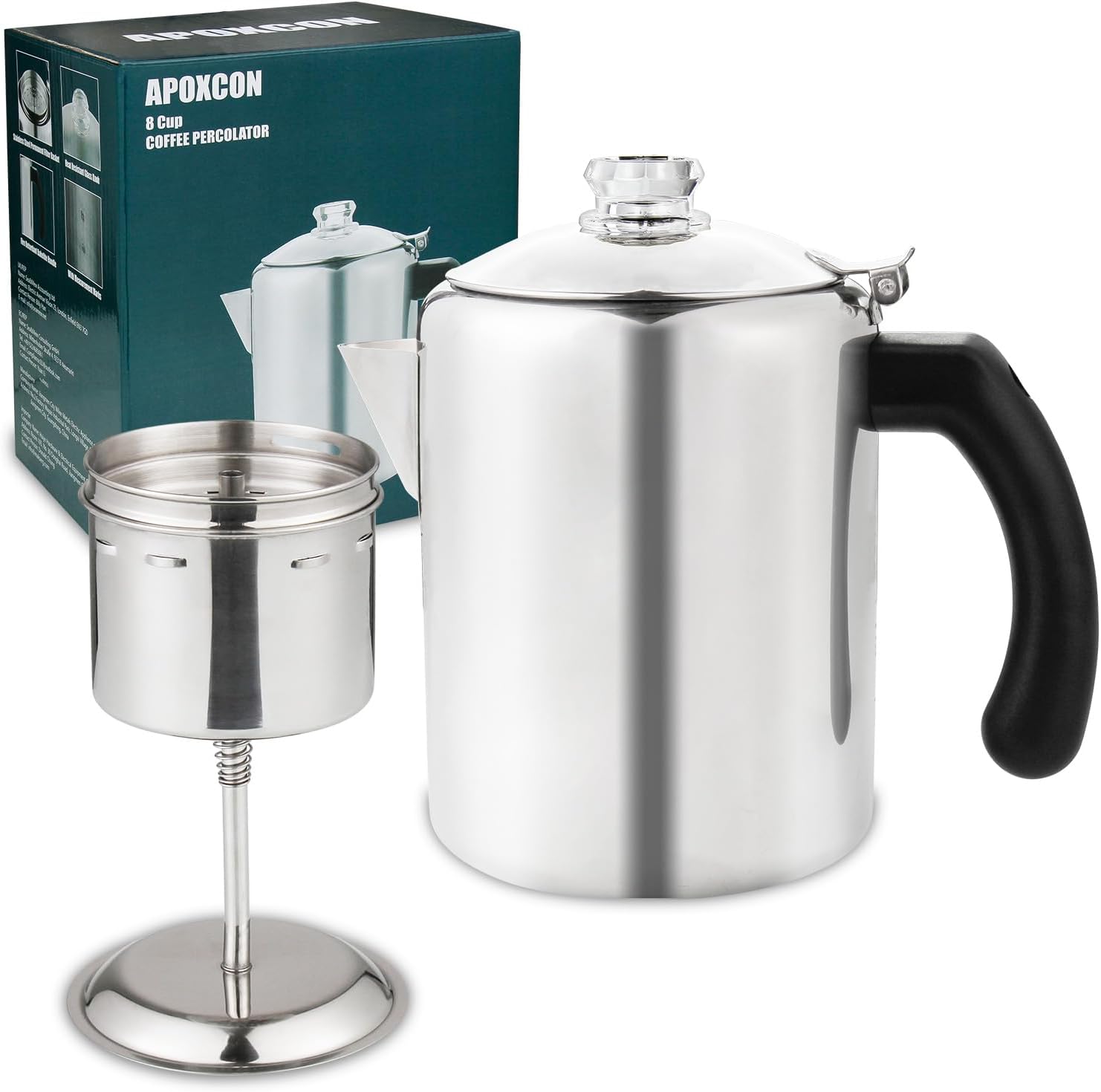 8 Cup Stainless Steel Coffee Maker for Camping and Outdoor Travel Percolator Coffee Pot with Heat Resistant Borosilicate Glass Knob & Stylish Handles for Any Stove Top