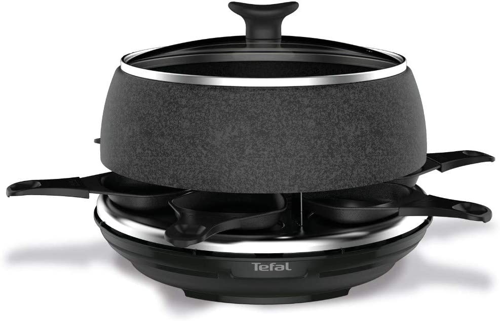 Tefal RE12C8 Raclette & Fondue Cheese\'n Co | Electric Raclette Grill + Fondue Device | for 6 People | 6 Pans, 6 Forks, 1 Pot + Lid, Recipe Book | Stone Look | Dishwasher Safe | 850 W