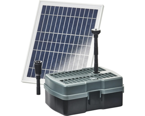 Pond filter set HEISSNER solar pump set up to 600 l/h with water feature, with external solar module 3 m connection cable, integrated UVC pond clarifier 5 W for ponds up to approx. 1000 l