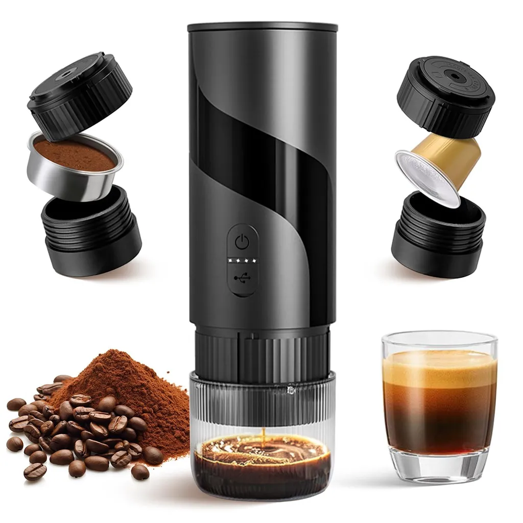 TEKOO Tecoo Travel Coffee Machine, Portable Espresso Machine, 20 Bar Battery, for Capsules & Ground Coffee, USB-C