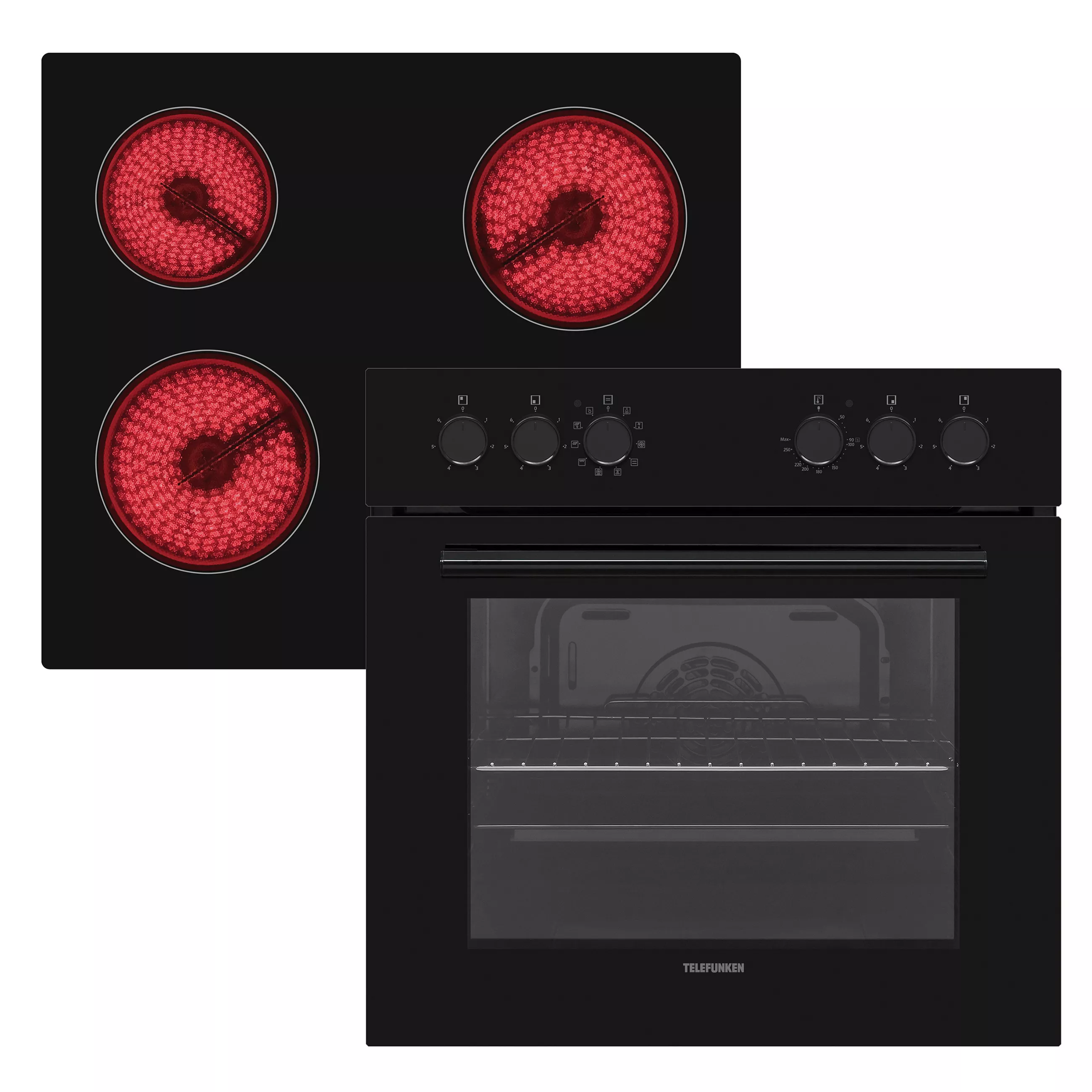 Telefunken Oven Set, Oven with Grill and Convection, Frameless Glass Ceramic Hob with 4 Zones, 65 Liters, 60 cm, Stainless Steel