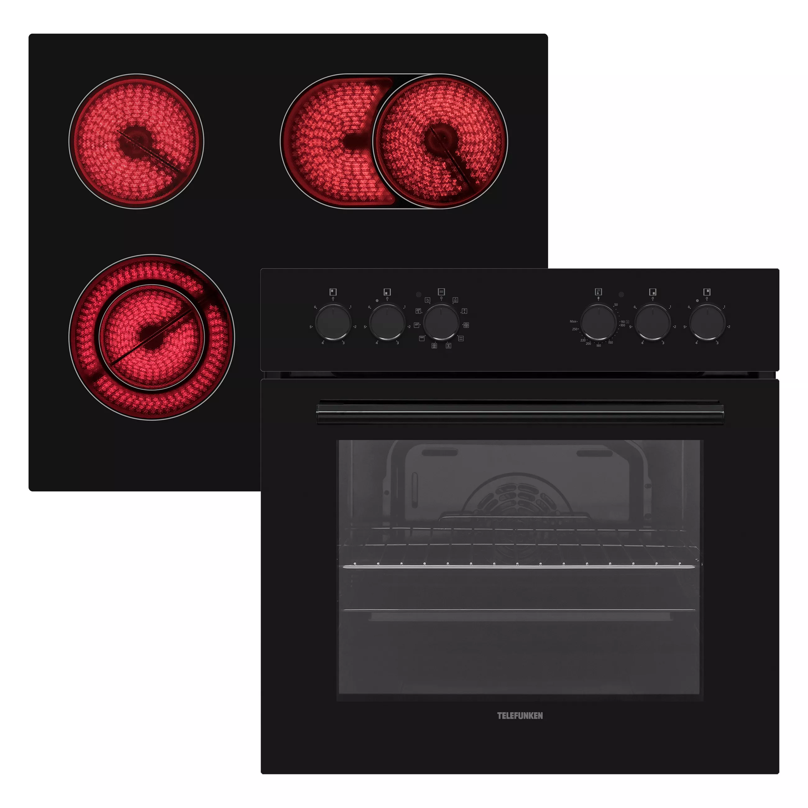 Telefunken Oven Set, Oven with Grill and Convection, Frameless Glass Ceramic Hob with 4 Zones, Hot Air Shield, 65 Liters, 60 cm, Stainless Steel