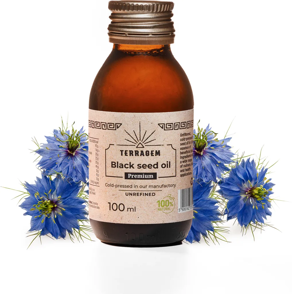 TERRAGEM Premium - Black Seed Oil, Nigella Sativa, Cold-Pressed & Unfiltered, Dietary Supplement, Health Promotion, Glass Bottle 100ml