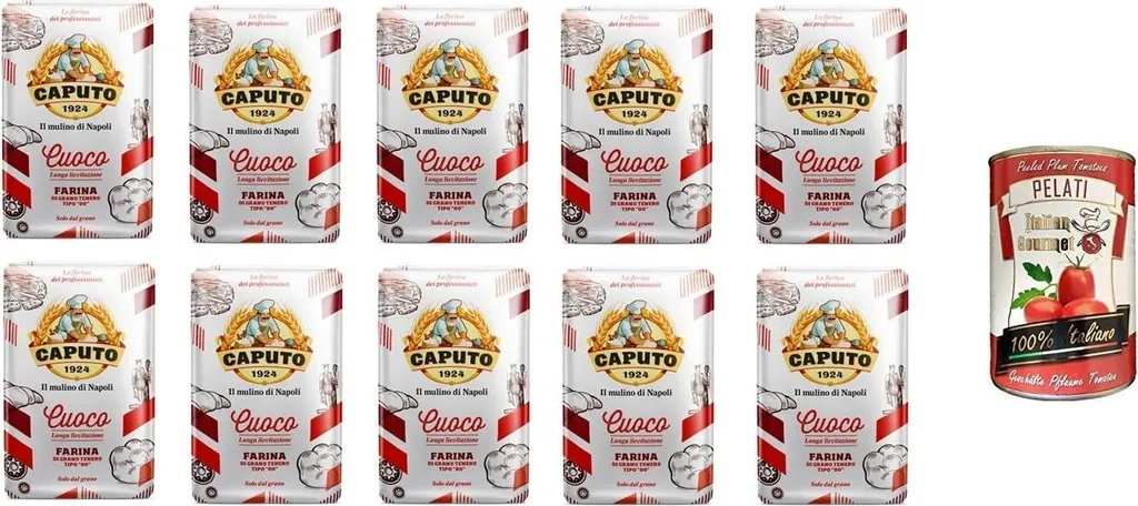 TEST PACK Caputo Cuoco Flour 1kg - Carton of 10 pieces + Italian Gourmet 100% Italian Peeled Tomatoes Canned 1 x 400g