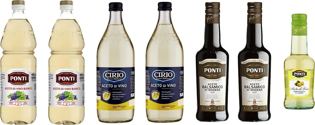 Vinegar test package: Ponti white wine vinegar (2 x 1L) + Cirio white wine vinegar (2 x 1L) + Ponti balsamic vinegar (2 x 500ml) + Ponti wine vinegar with lemon flavor (1 x 250ml)