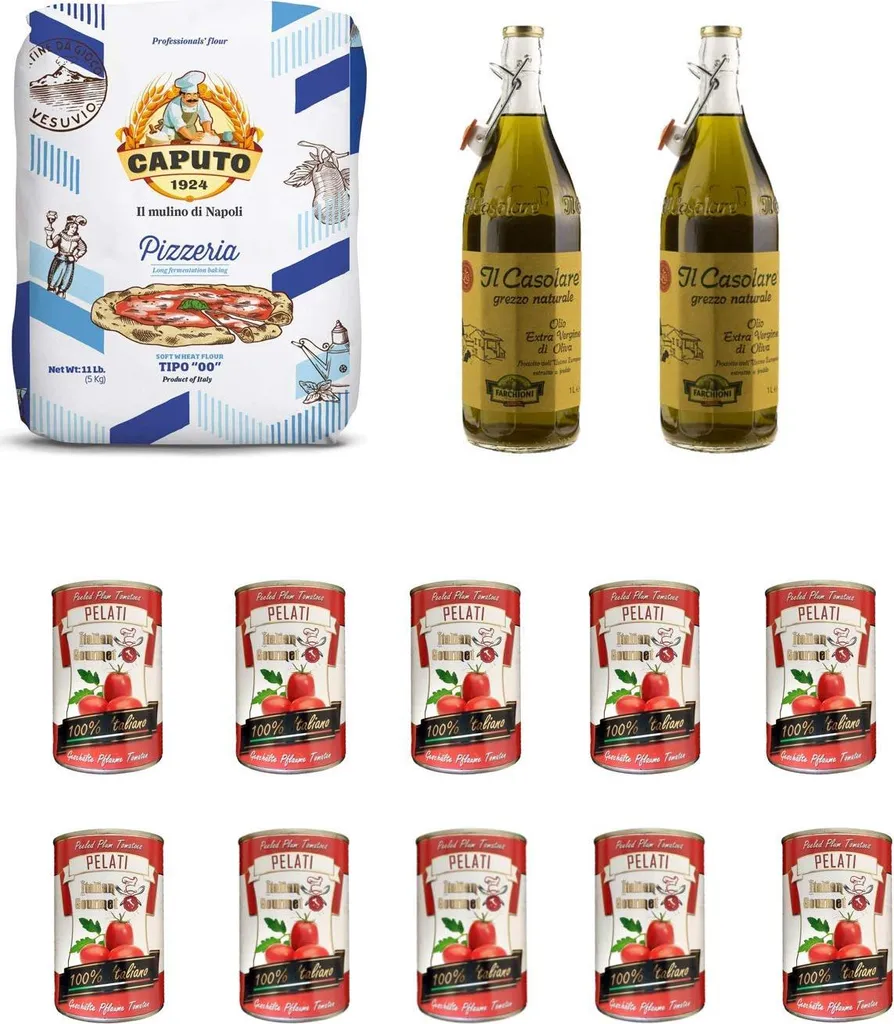Test package: Caputo Pizzeria flour (5 kg) + 2 x Farchioni Casolare, Grezzo Extra Virgin Olive Oil (1000 ml) + Italian Gourmet Peeled Tomatoes (100% Italian peeled tomatoes, 10 x 400g) 10000g