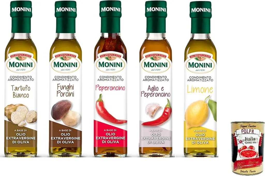 TEST PACK Monini Oil Seasoning based on extra virgin olive oil, 5 different flavors (5 x 250ml) + Italian Gourmet Tomato Polpa 400g can 1650 ml