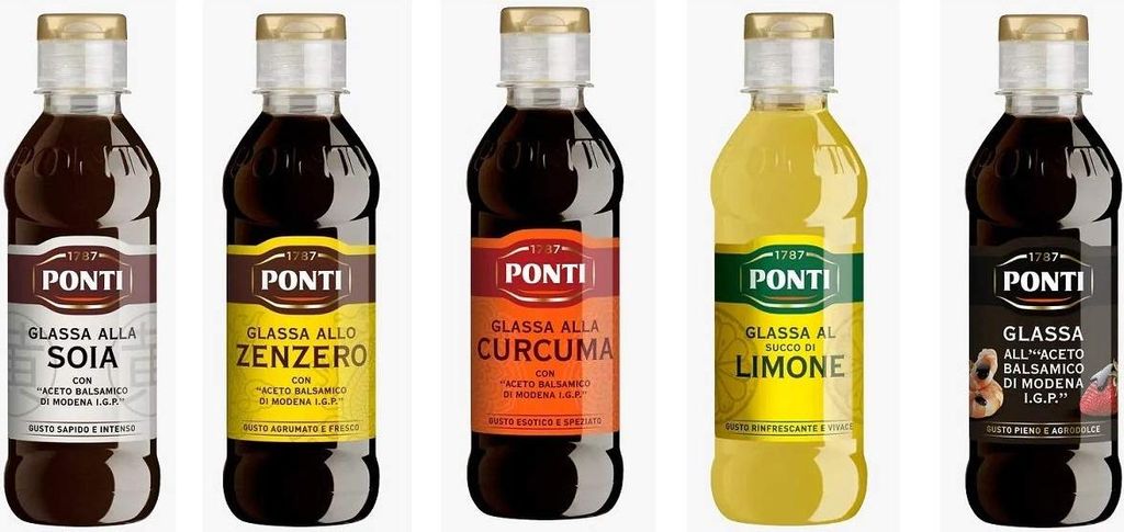 Ponti Glassa Gastronomic Glazes and Seasoning Sauces Sample Pack (5 pieces): Ginger Glaze, Soy Glaze, Lemon Juice Glaze, Turmeric Glaze, Balsamic Vinegar Glaze 200g