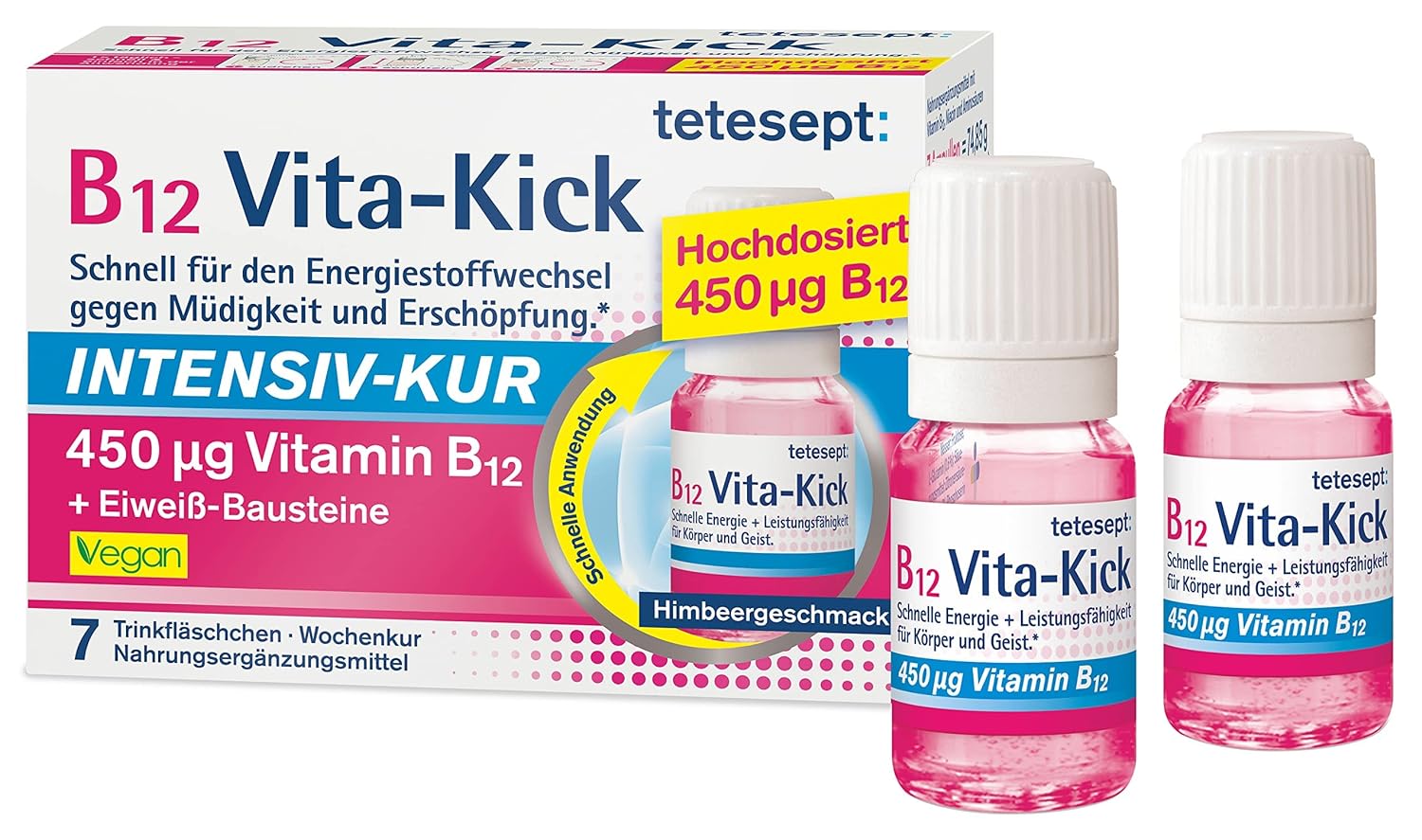 Tetesept B12 Vita-Kick Drinking Ampoules, Intensive Treatment with High-Dose Vitamin B12 and Protein Blocks, Raspberry Flavour