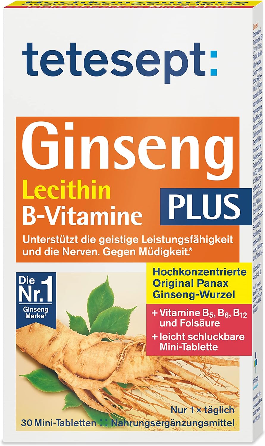 tetesept Ginseng Plus Lecithin + B Vitamins - High Dose - Dietary Supplement to Support the Nerves and Vitalise the Body Thanks to B Vitamins - 1 x 30 Mini Tablets