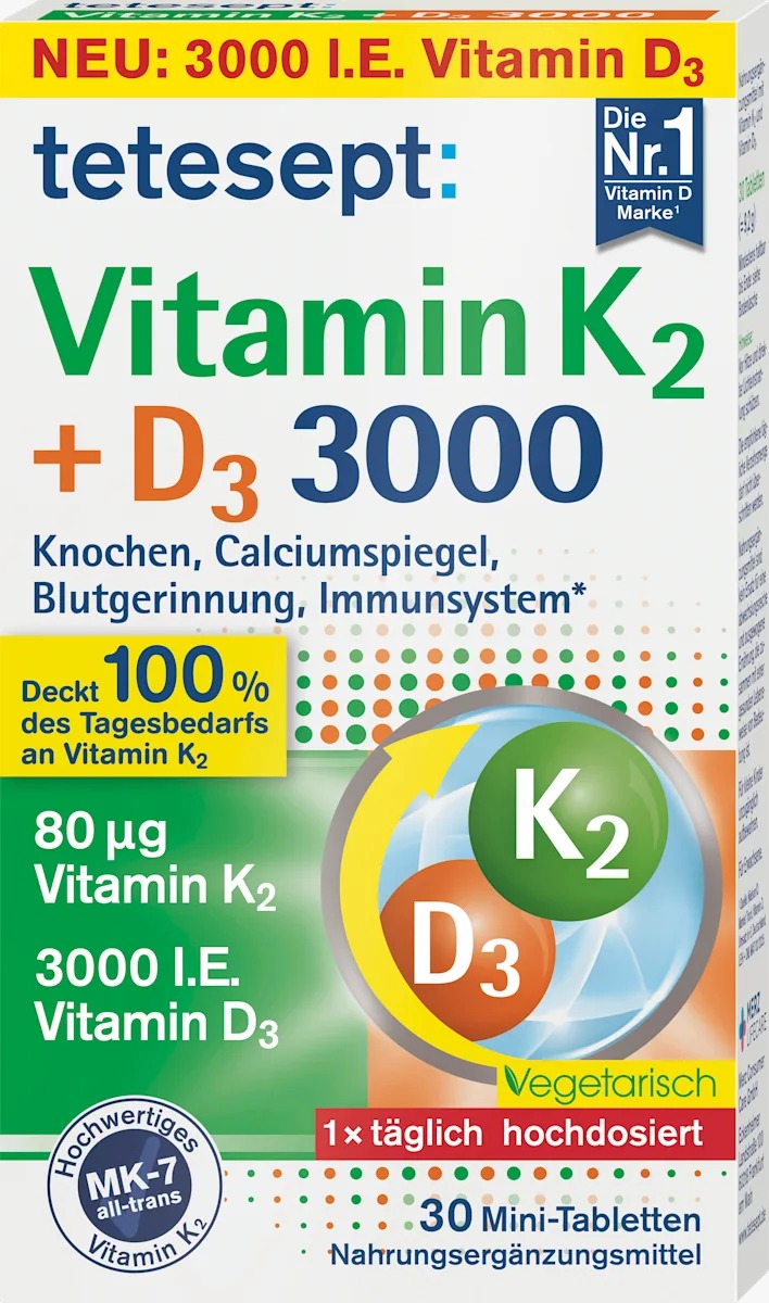 tetesept Vitamin K2 + D3 3000 Mini-Tablets 30 tablets, 9.2 g Dietary supplement