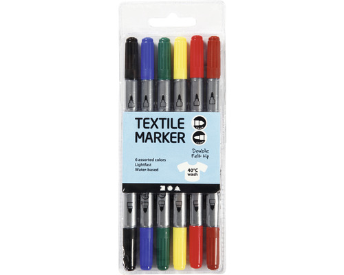 Textile markers 2.3+3.6 mm line width, assorted, 6 pieces.