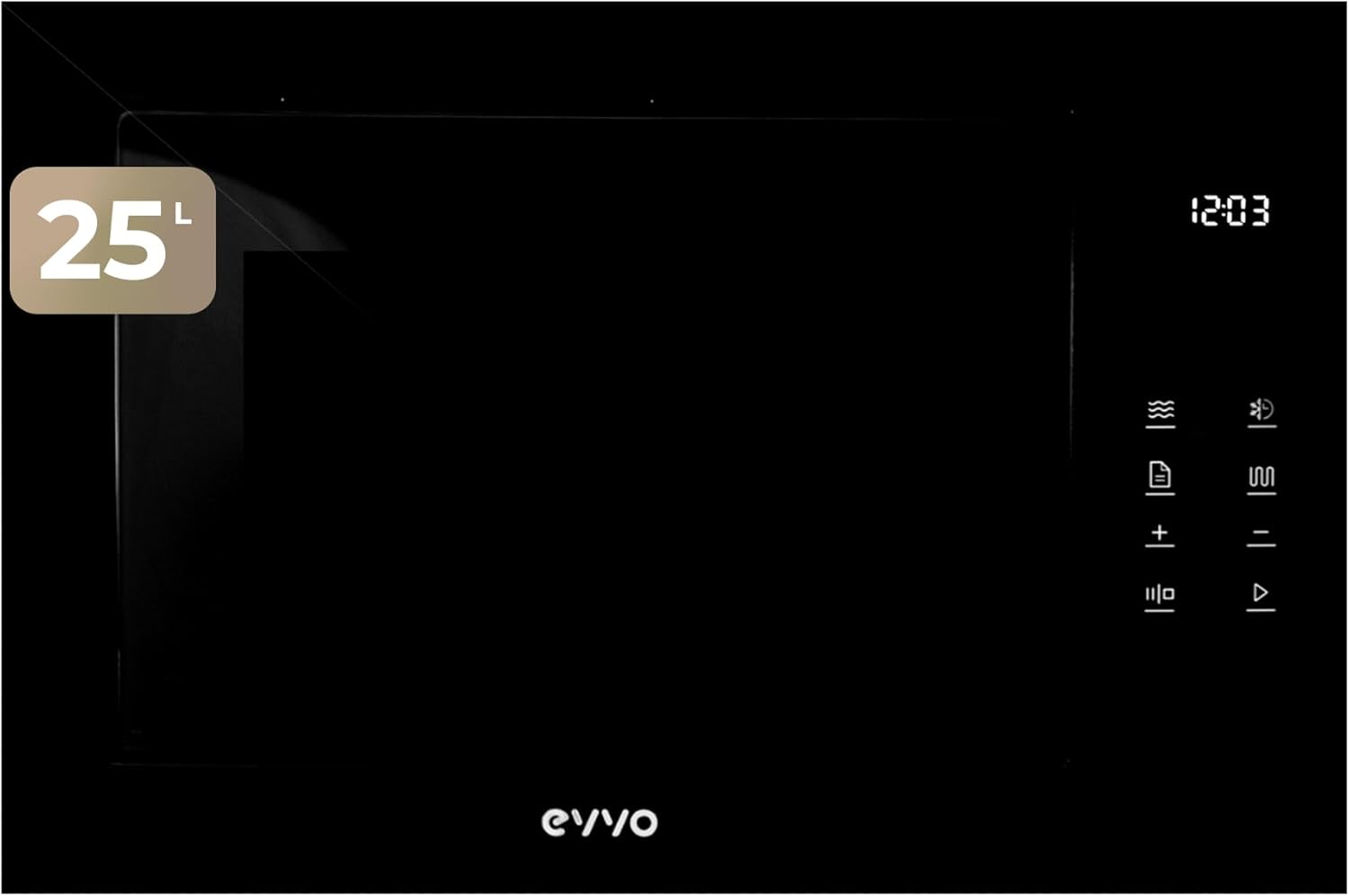 EVVO Integrated Microwave Mi45 Glass Bl, 25 L Capacity, Grill 1200 W, Door and Frame with Gloss Effect, Multifunction, 8 Functions, Timer 60 Minutes, Digital Display (Glass Black Finish)