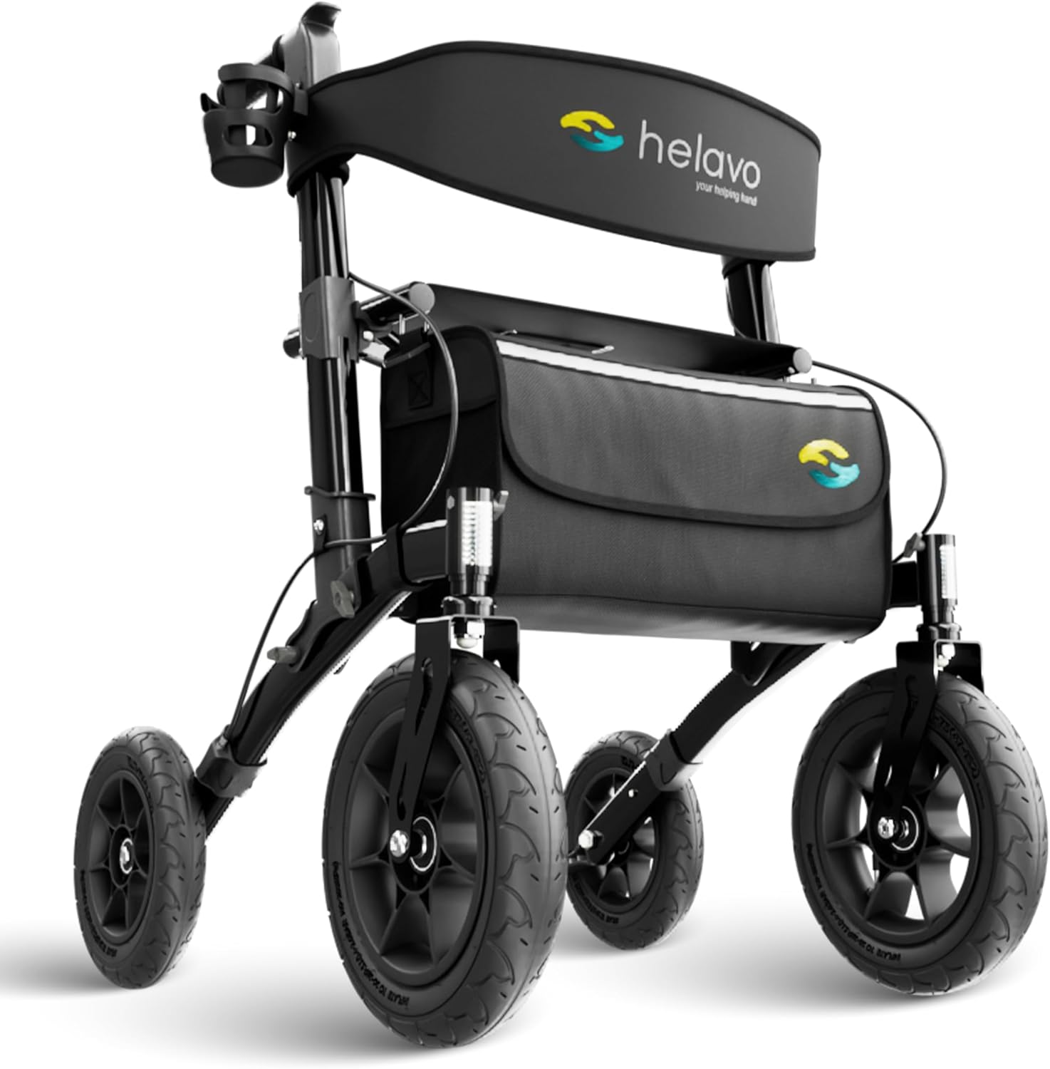 Helavo Outdoor Rollator with Pneumatic Tires - Foldable Rollator with Seat & Backrest for Outdoor Use - Comfortable & Shock Absorbing 12 inch/10 Inch Large Wheels - Walking Aid for Forest Paths, Grass