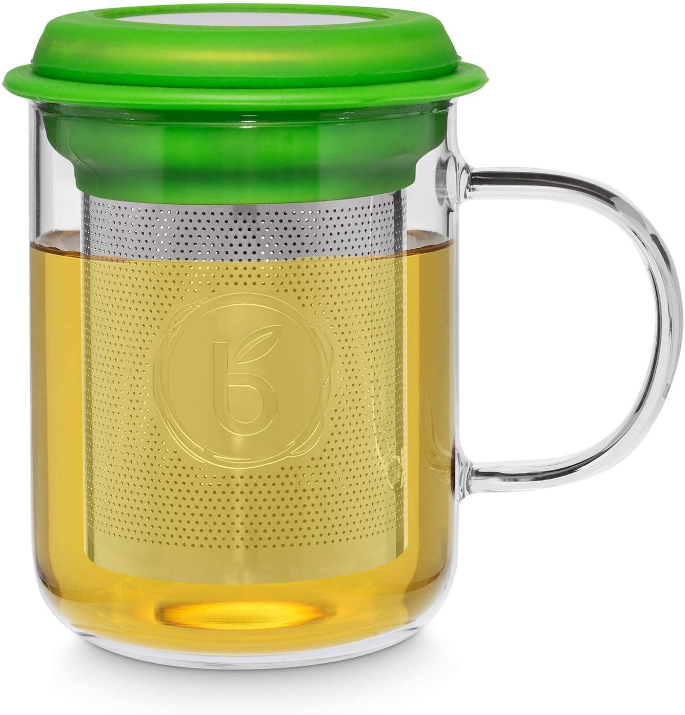 Buntfink \"TeaMug\" tea glass with stainless steel strainer and lid, the tea cup is made of heat-resistant borosilicate glass, the filter can be removed from the cup (tea) 400 ml, green.