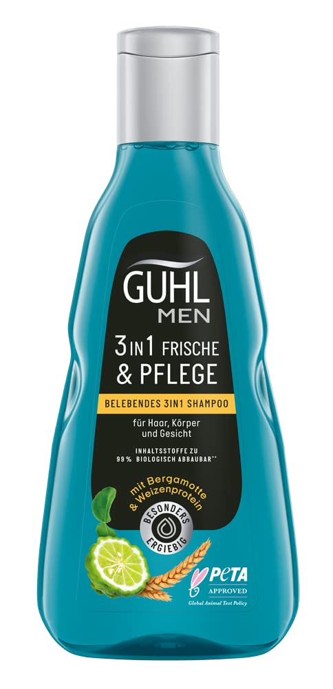 Guhl Men 3-in-1 Fresh & Care Shampoo - Contents: 250 ml - For Hair, Body and Face - Hair Type: Normal, ‎blue