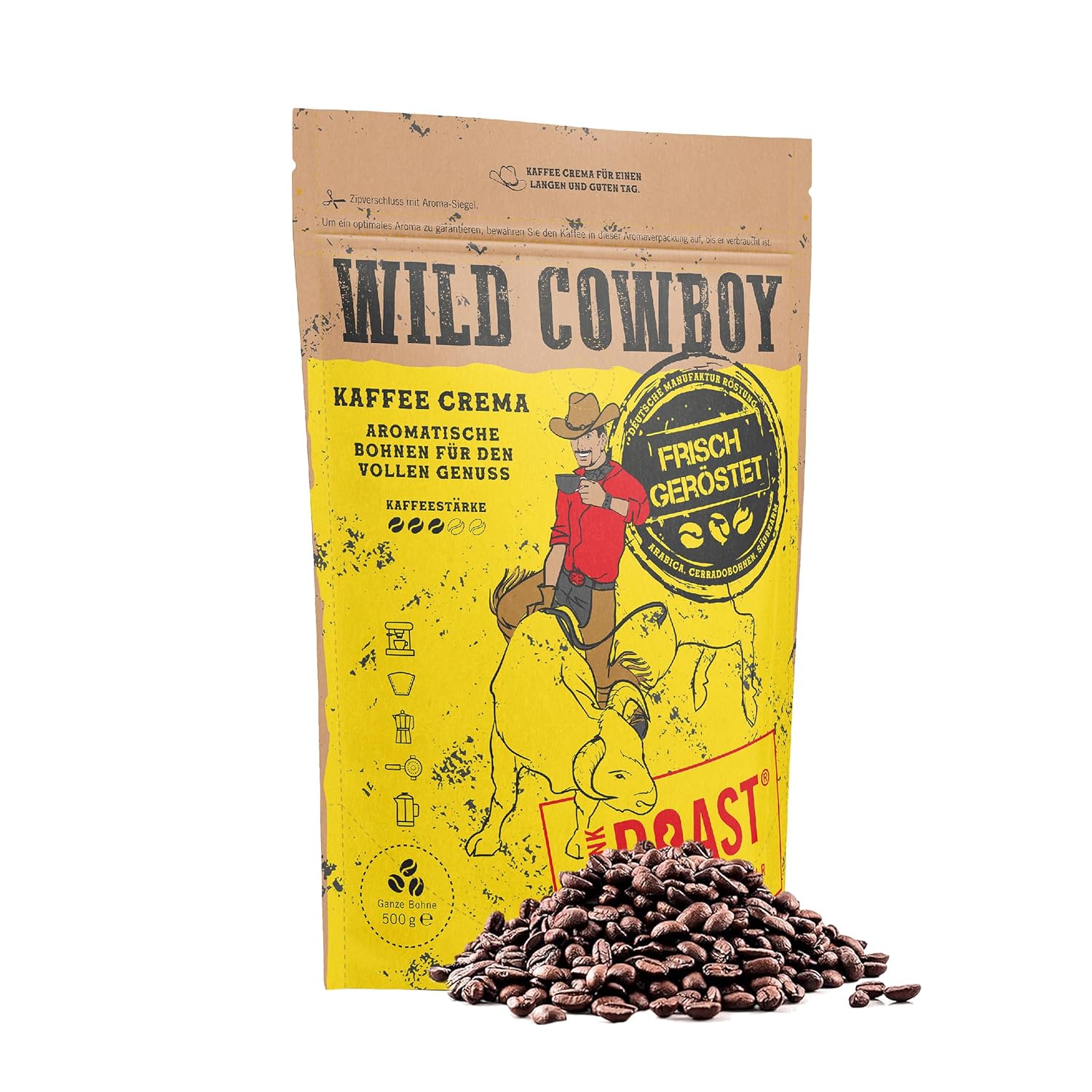 Blank Roast - Wild Cowboy Coffee - Coffee Beans 500g - Roasted with Hickory Wood - Whole Coffee Beans from Brazil and Uganda - 100% Arabica Blend with Chocolate Nuances - Low Acid