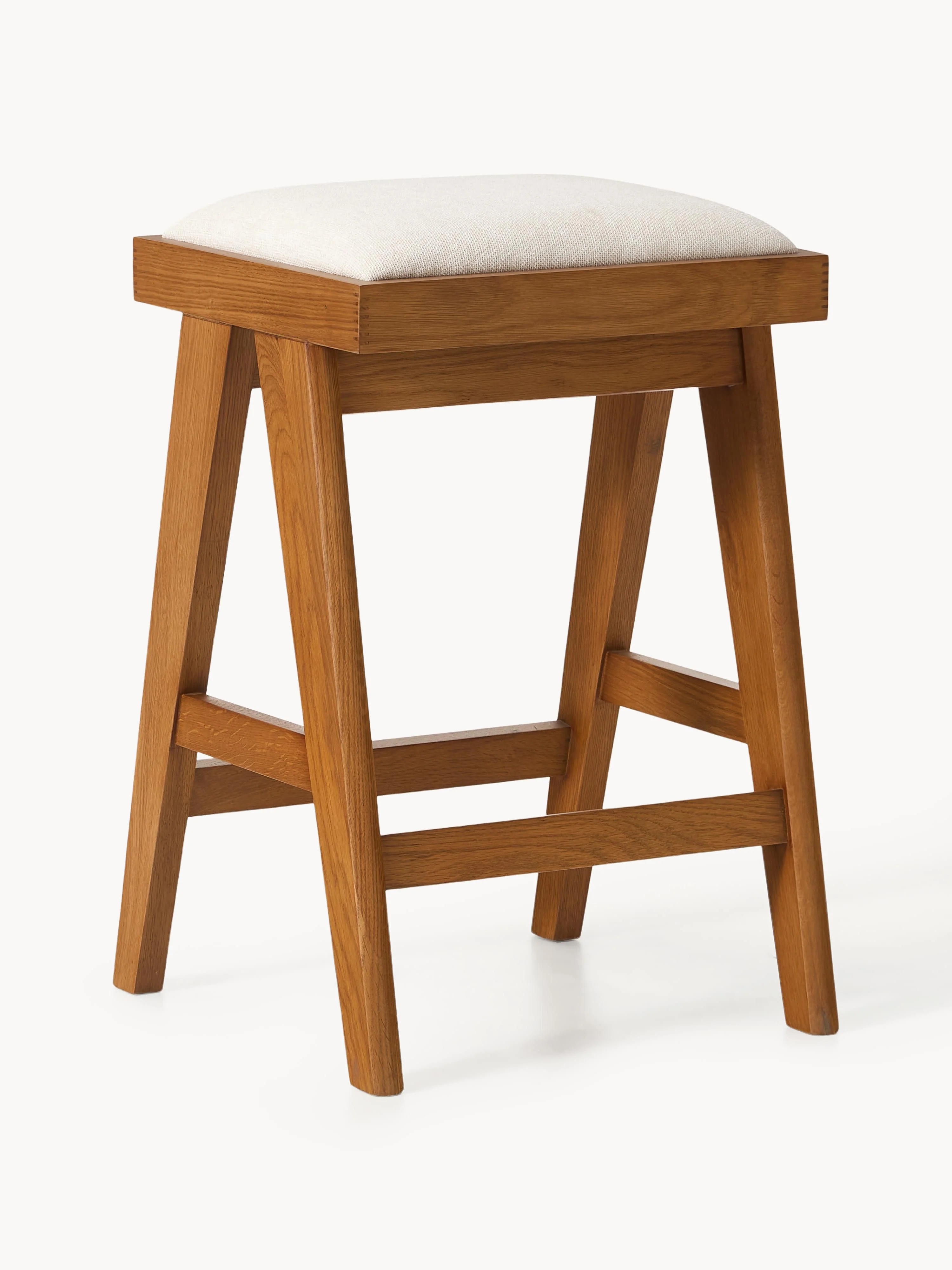 Westwing Collection Sissi bar stool with upholstery, Woven fabric cream white, dark oak wood
