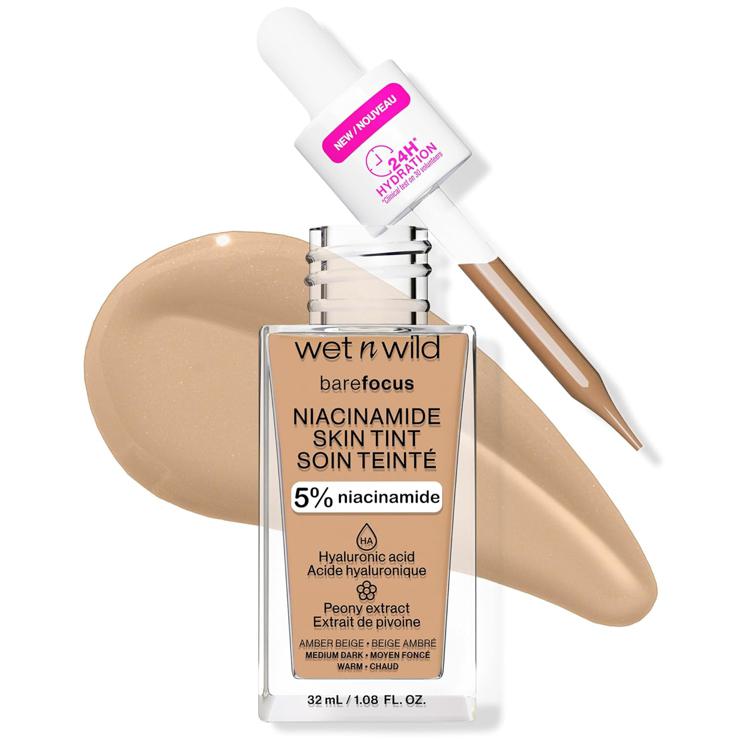 Wet n Wild Bare Focus Niacinamide Skin Tint, lightweight foundation with buildable formula, enriched with hyaluronic acid and vitamin E for a radiant look, amber beige