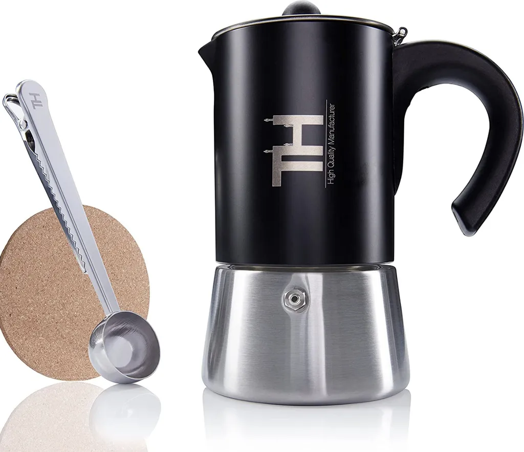 Thiru Espresso Maker Induction | Premium Stainless Steel Moka Pot incl. Tool Set (Black, 4 Cups (200ml))