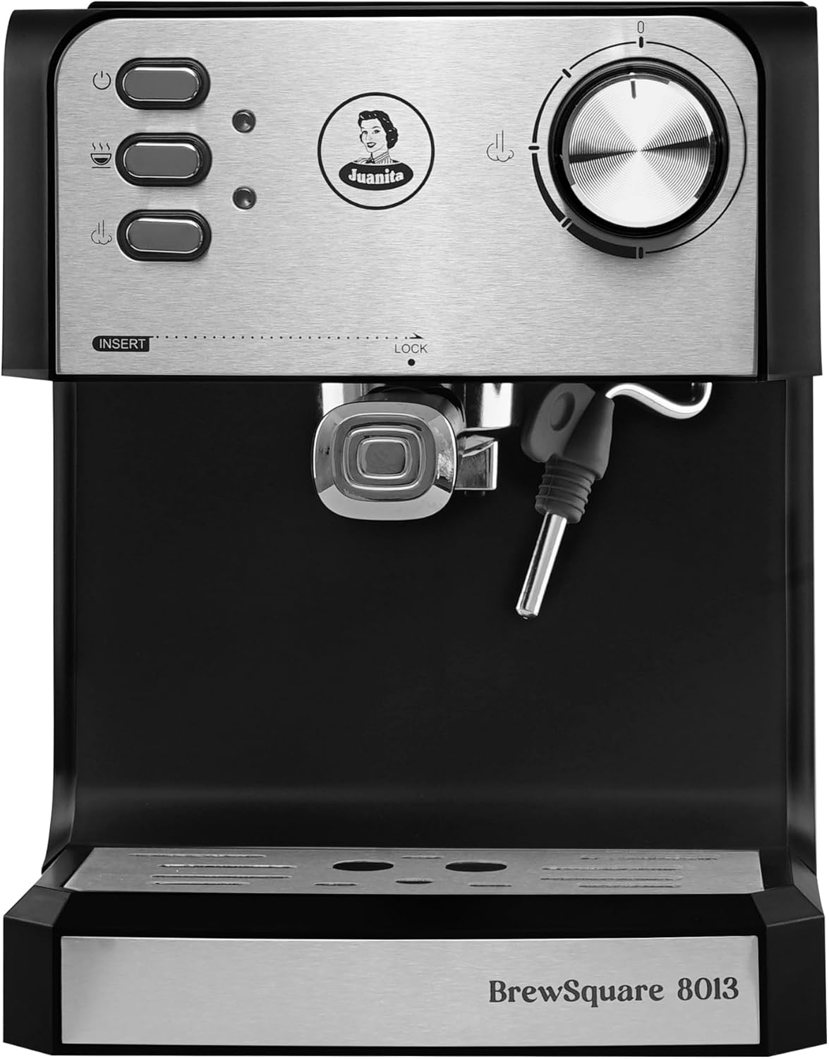 JUANITA Brewsquare Fully Automatic Coffee Machine 850 W, Coffee Machine with Grinder, 20 Bar, Espresso Machine 1.6 L, Fully Automatic Coffee Machine with Double Outlet Arm, Coffee Machine with Steam