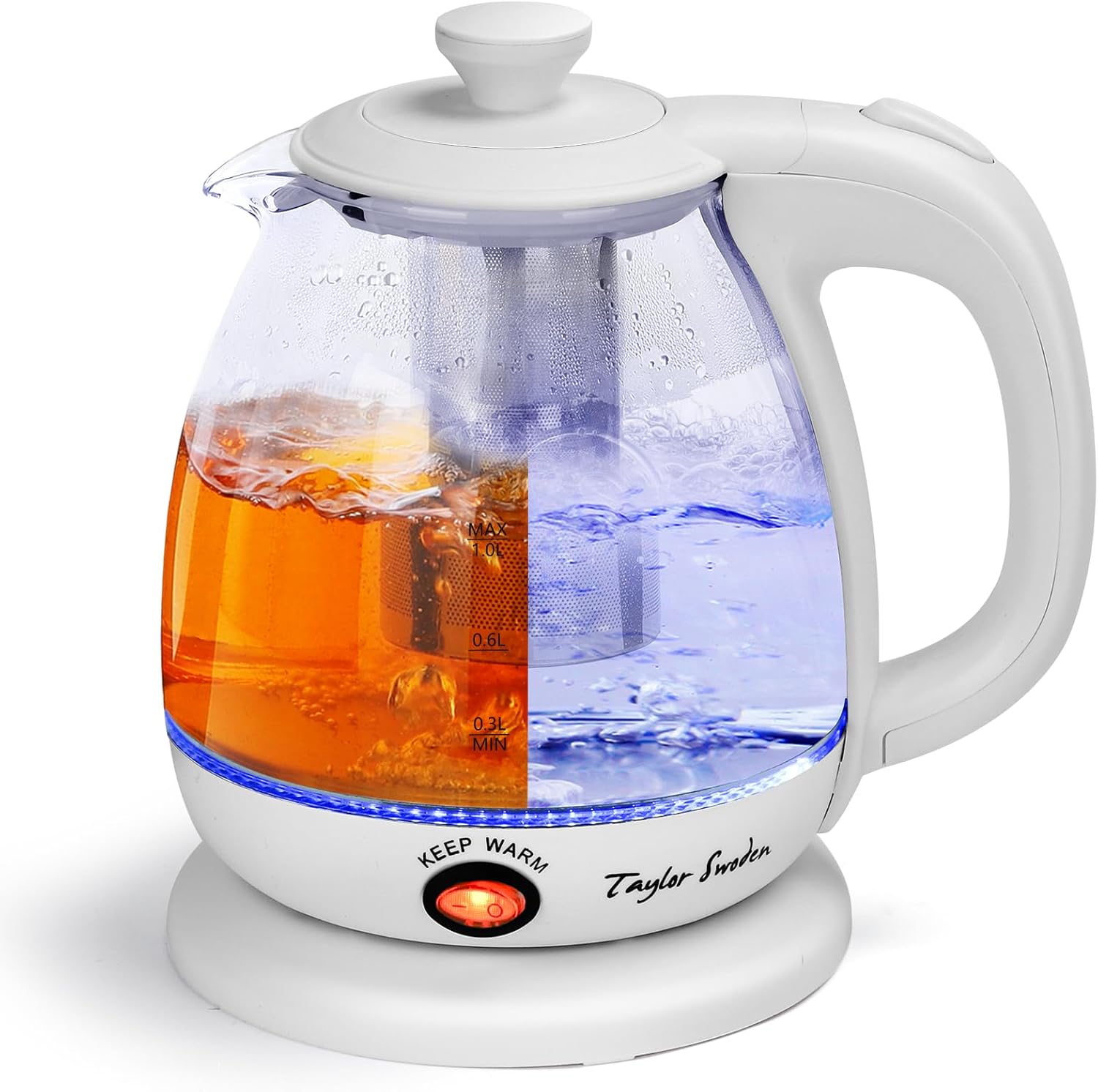 Taylor Swoden Glass Kettle, 1 Liter, 2200 W, Electric Kettle with LED Lighting, BPA-Free, Keep Warm Function, with Tea Strainer and Removable Filter, White