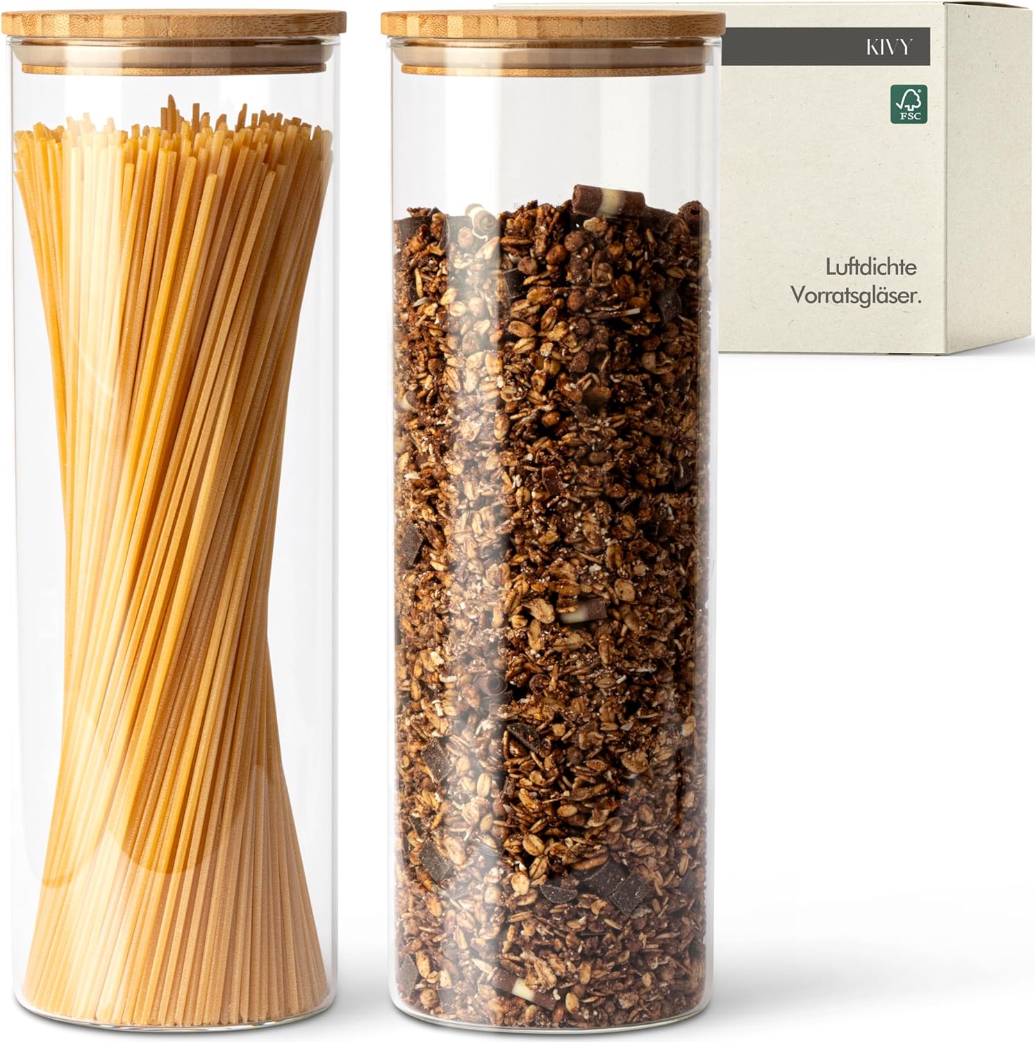 KIVY Storage Jars with Lid, Airtight, 2 x 1.8 L, for Spaghetti, Flour, Cereal Storage Glass, Pasta Jars with Lid, Spaghetti Storage Glass, Large, Noodle Jars with Bamboo Lid