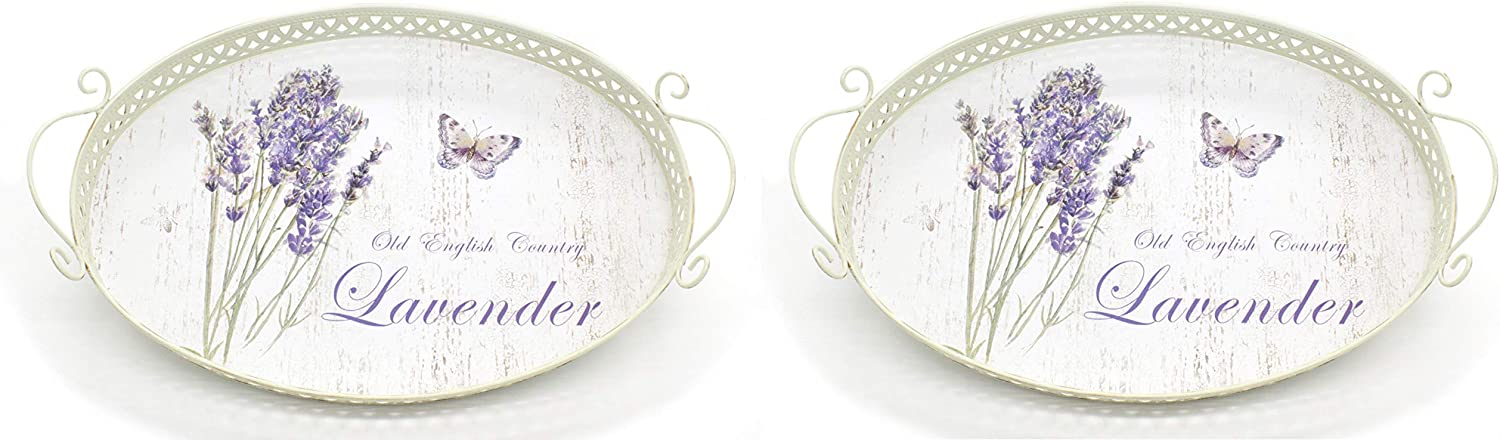 DARO DEKO Metal Tray 42 cm x 28 cm Lavender and Butterfly Set of 2